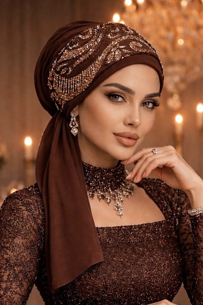 Karamel Gold Motifli Atkılı Abiye Bone