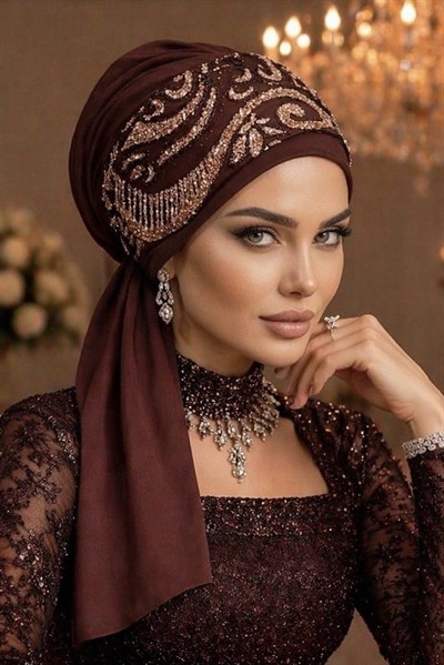 Karamel Gold Motifli Atkılı Abiye Bone