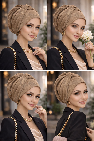 Karamel Kahve Kendinden Desenli Burgu Bantlı Bone