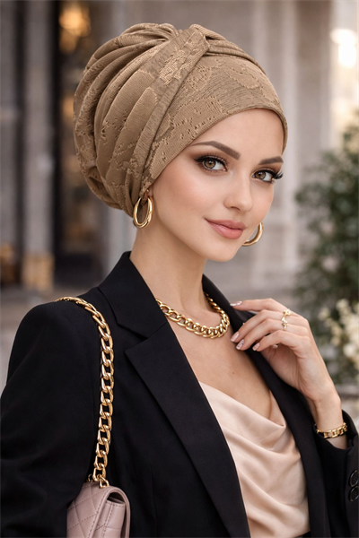 Karamel Kahve Kendinden Desenli Burgu Bantlı Bone