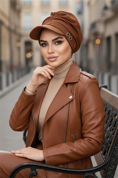 Karamel Metal Detaylı Tesettür Şapka Bone