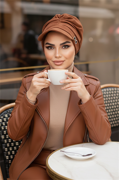 Karamel Metal Detaylı Tesettür Şapka Bone