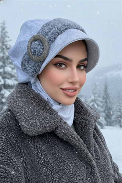 Gri Tokalı Tesettür Şapka