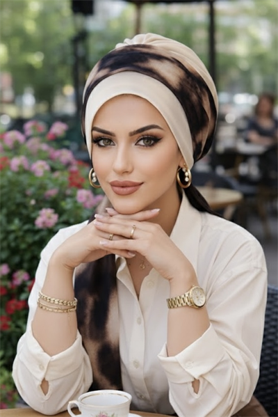 Kemik Kahve Batik Desen Fularlı Bone