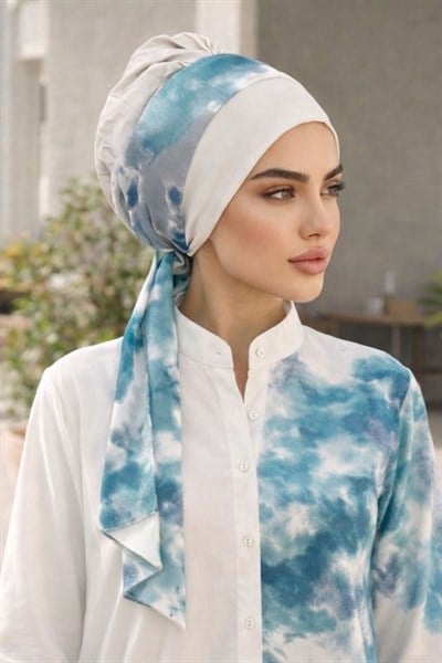 Kemik Mavi Batik Desen Fularlı Bone