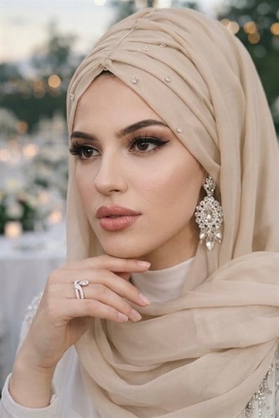 Kemik Rengi Taşlı Büzgü Model Hazır Abiye Şal