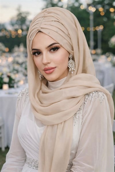 Kemik Rengi Taşlı Büzgü Model Hazır Abiye Şal