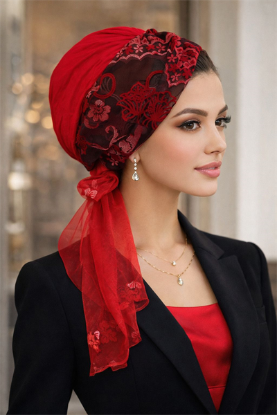 Kımızı Siyah Desenli Eşarp Bone