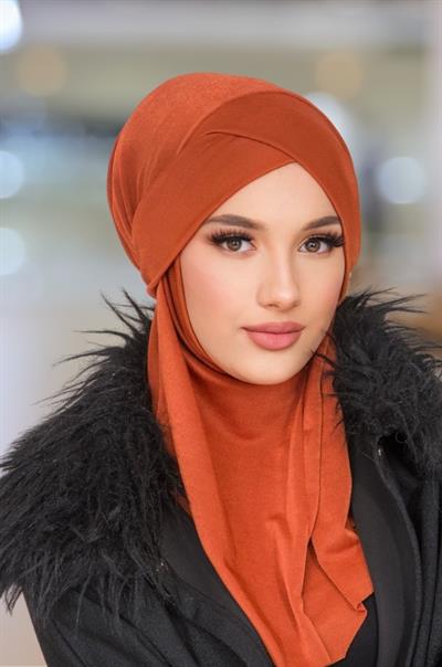 Kiremit Çapraz Bantlı Medium Size Hijab - Hazır Şal