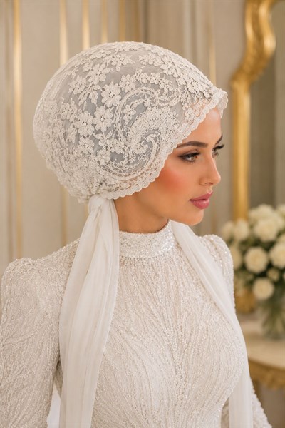 Kırık Beyaz Güpürlü Abiye Eşarp Bone