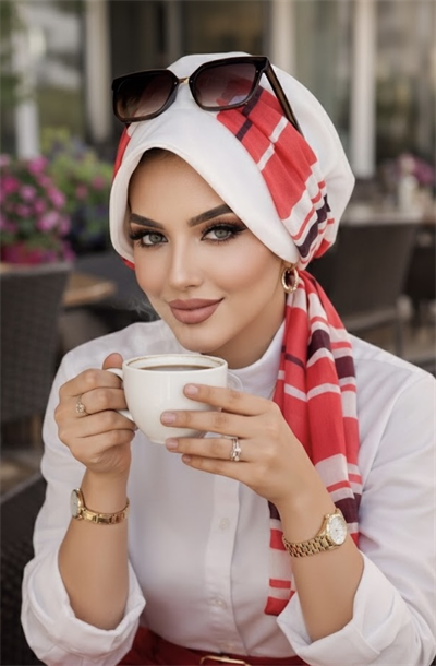 Kırık Beyaz Mercan Çizgi Desen Fularlı Şapka