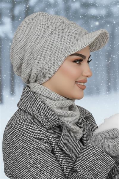 Kırık Beyaz Petek Desen Tesettür Şapka ve Etol Takım