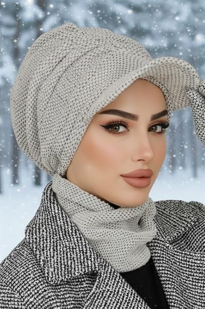 Kırık Beyaz Petek Desen Tesettür Şapka ve Etol Takım