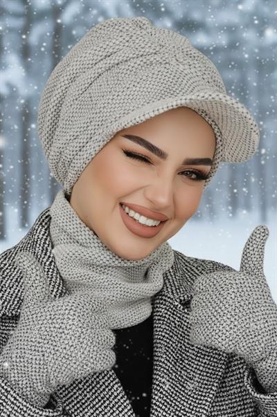 Kırık Beyaz Petek Desen Tesettür Şapka ve Etol Takım