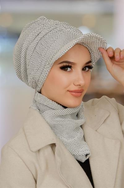 Kırık Beyaz Petek Desen Tesettür Şapka ve Etol Takım