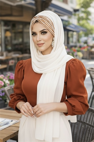 Kırık Beyaz Taba Çizgili Hazır Şal