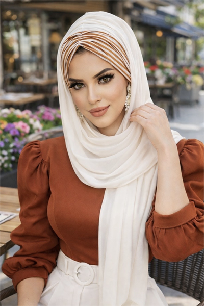 Kırık Beyaz Taba Çizgili Hazır Şal