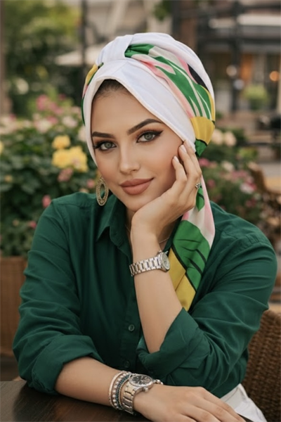 Kırık Beyaz Yeşil Yaprak Desen Şapka Bone