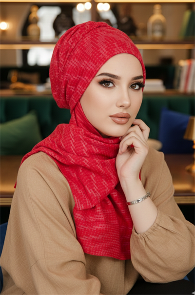 Kırmızı Desen Kışlık Kelebek Bone Şal