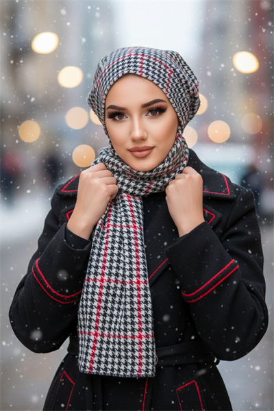 Kırmızı Kazayağı Atkılı Tesettür Bere