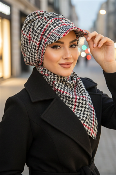 Kırmızı Kazayağı Büzgülü Tesettür Şapka