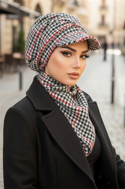 Kırmızı Kazayağı Büzgülü Tesettür Şapka