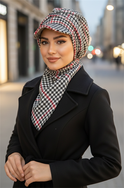 Kırmızı Kazayağı Büzgülü Tesettür Şapka