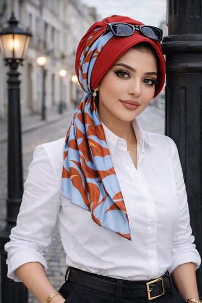 Kırmızı Mavi Desen Fularlı Şapka Bone