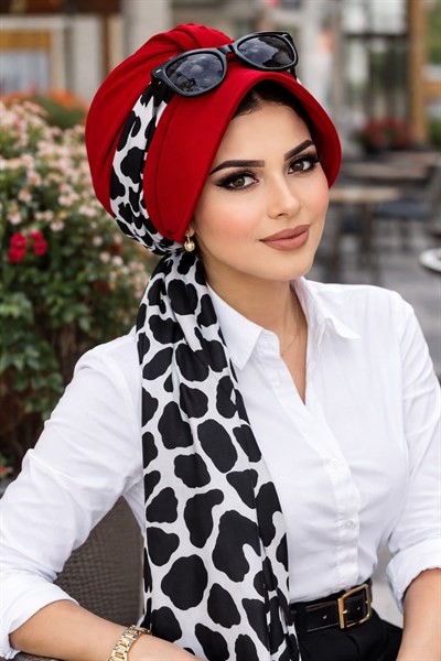 Kırmızı Mermer Desen Fularlı Şapka Bone