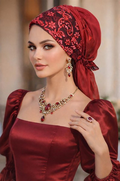 Kırmızı Siyah Abiye Tokalı Bone / Hazır Duvak