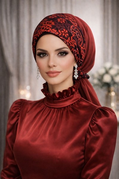 Kırmızı Siyah Abiye Tokalı Bone / Hazır Duvak