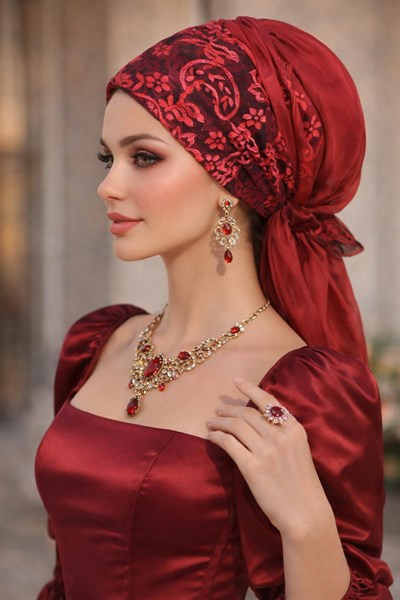 Kırmızı Siyah Abiye Tokalı Bone / Hazır Duvak