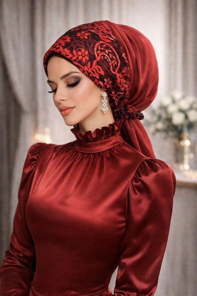 Kırmızı Siyah Abiye Tokalı Bone / Hazır Duvak