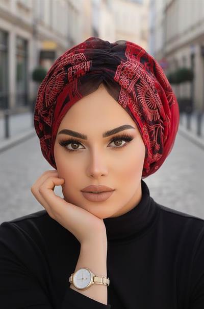 Kırmızı Siyah Büzgülü Dolama Bone