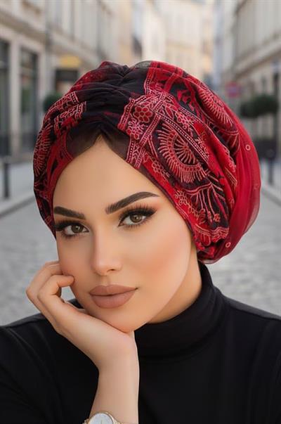 Kırmızı Siyah Büzgülü Dolama Bone