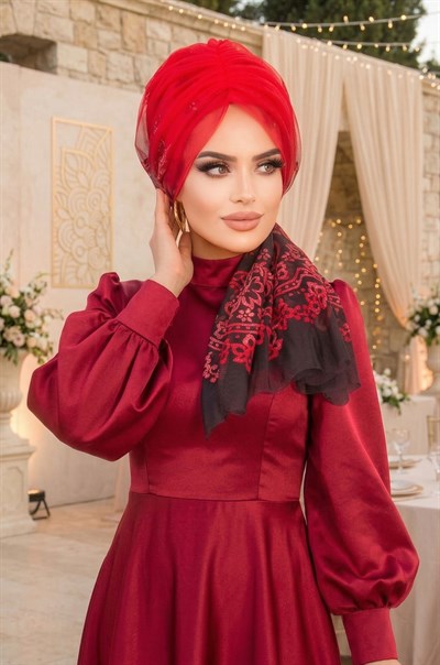 Kırmızı Siyah Flok Baskılı Tül Abiye Tokalı Bone