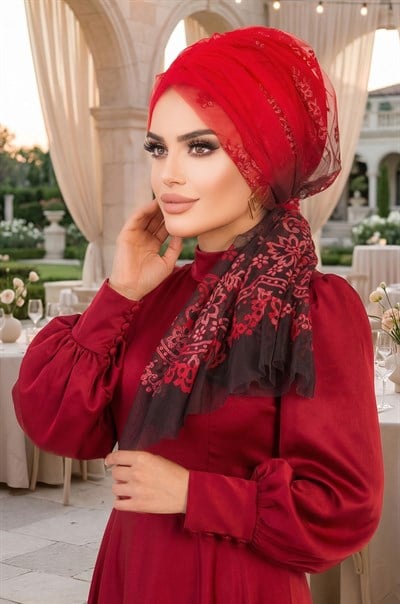 Kırmızı Siyah Flok Baskılı Tül Abiye Tokalı Bone