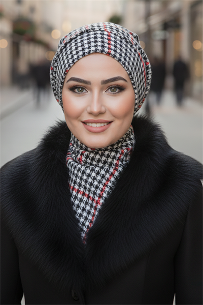 Kırmızı Siyah Kazayağı Tesettür Bere ve Etol Takım