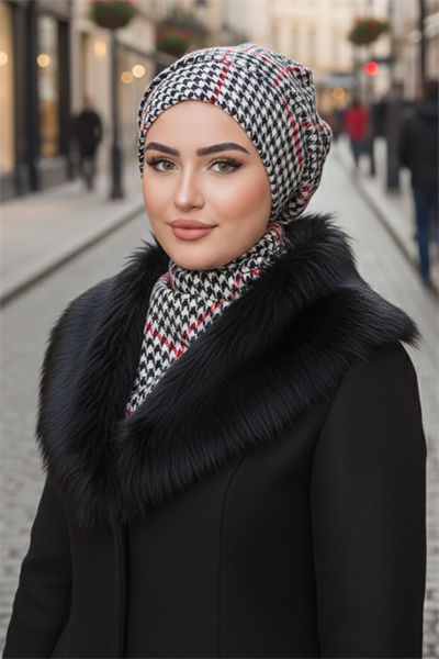 Kırmızı Siyah Kazayağı Tesettür Bere ve Etol Takım