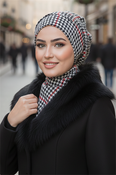 Kırmızı Siyah Kazayağı Tesettür Bere ve Etol Takım