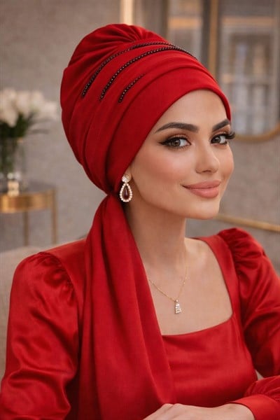 Kırmızı Taşlı Atkılı Abiye Bone