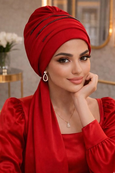 Kırmızı Taşlı Atkılı Abiye Bone