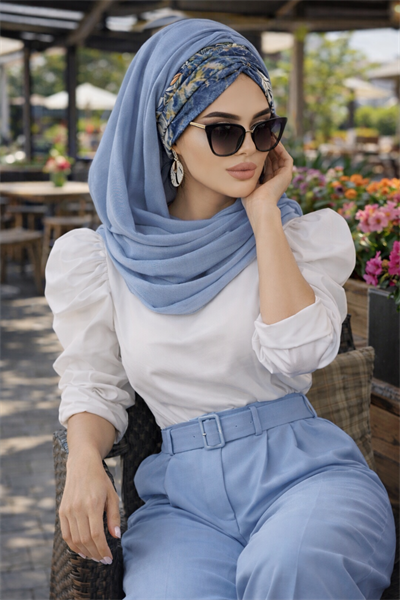 Kot Mavi Çiçek Desen Hazır Şal