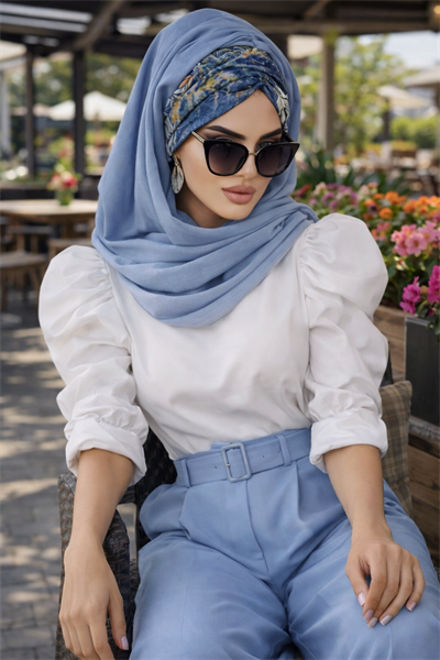 Kot Mavi Çiçek Desen Hazır Şal