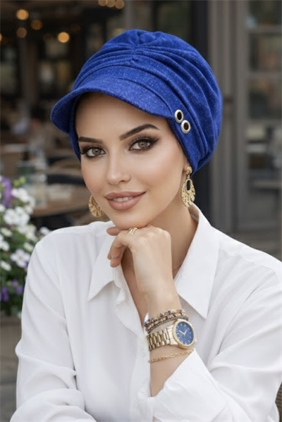 Kot Mavi Desen Metal Detaylı Tesettür Şapka Bone