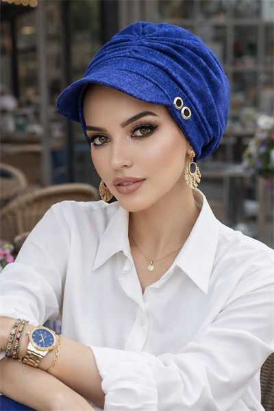 Kot Mavi Desen Metal Detaylı Tesettür Şapka Bone