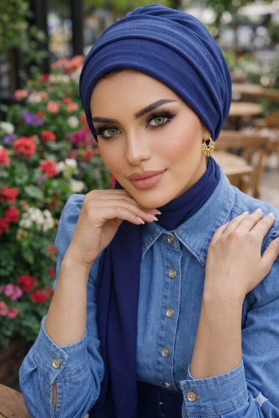 Koyu Lacivert Atkılı Tesettür Bone