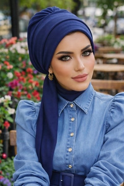 Koyu Lacivert Atkılı Tesettür Bone