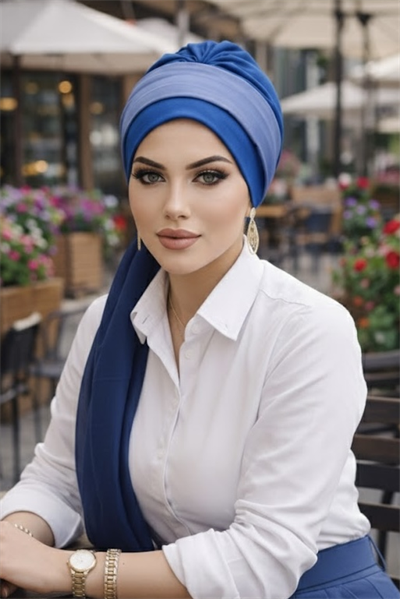 Koyu Mavi Batik Fularlı Desen Fularlı Bone