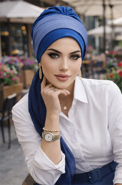 Koyu Mavi Batik Fularlı Desen Fularlı Bone